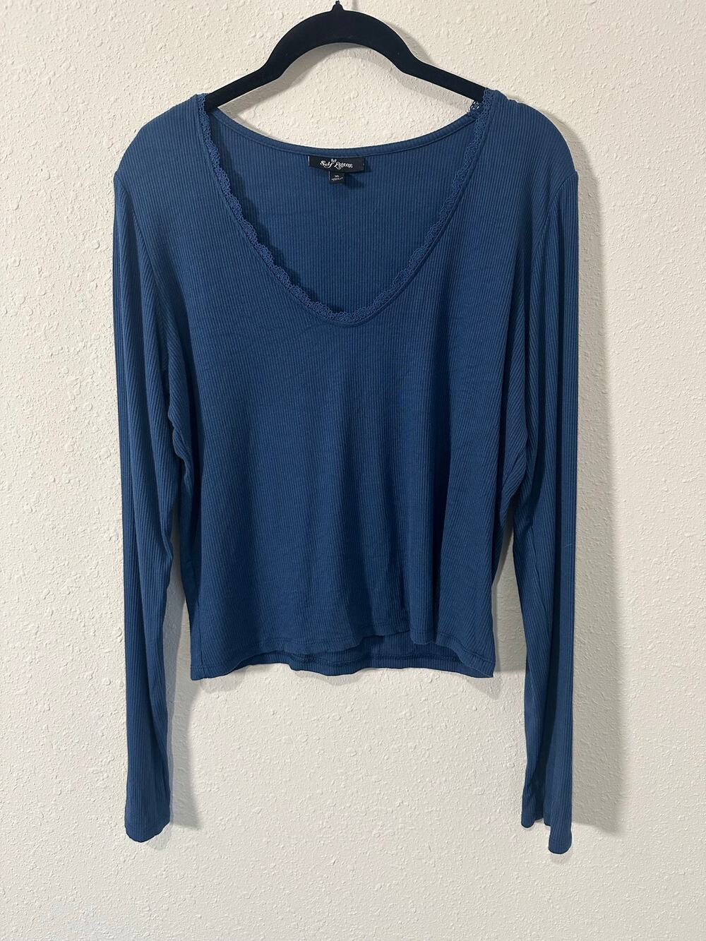 Self Esteem Juniors Lace Trim V-Neck Tee with Long Sleeves